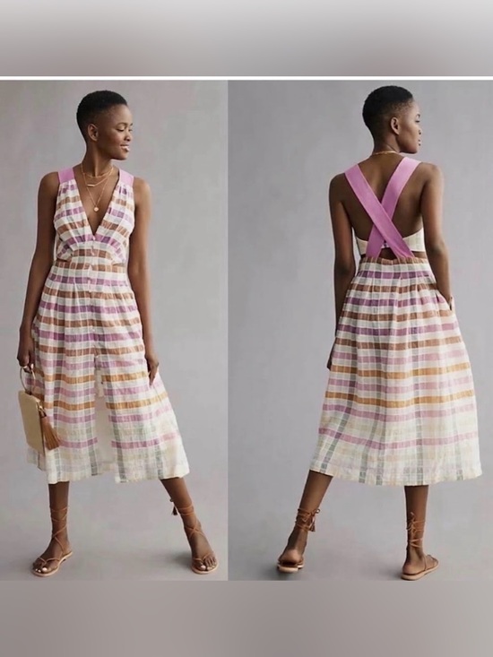 Anthropologie Dresses & Skirts - Maeve Anthropologie Plaid Cross Back Cutout Midi Dress Size 4 Cotton Gingham